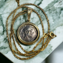 Load image into Gallery viewer, Roman Coin Necklace - 14K Yellow Gold Bezel Set Ancient Silver Emperor Commodus Pendant - 177-192 AD - 18 Inch Chain Antique Fine Jewelry
