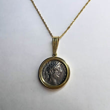 Load image into Gallery viewer, Roman Coin Necklace - 14K Yellow Gold Bezel Set Ancient Silver Emperor Commodus Pendant - 177-192 AD - 18 Inch Chain Antique Fine Jewelry
