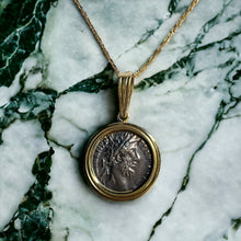 Load image into Gallery viewer, Roman Coin Necklace - 14K Yellow Gold Bezel Set Ancient Silver Emperor Commodus Pendant - 177-192 AD - 18 Inch Chain Antique Fine Jewelry
