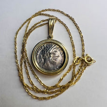 Load image into Gallery viewer, Roman Coin Necklace - 14K Yellow Gold Bezel Set Ancient Silver Emperor Commodus Pendant - 177-192 AD - 18 Inch Chain Antique Fine Jewelry
