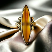 Load image into Gallery viewer, Banded Agate Navette Ring - Antique Victorian 10K Yellow Gold Orange Banded Agate Bezel Set - Circa 1900 - Size 4.25 - 2.7g Fine Jewelry
