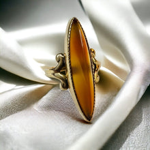 Load image into Gallery viewer, Banded Agate Navette Ring - Antique Victorian 10K Yellow Gold Orange Banded Agate Bezel Set - Circa 1900 - Size 4.25 - 2.7g Fine Jewelry
