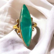 Load image into Gallery viewer, Chrysoprase Navette Ring - Antique Victorian 10K Yellow Gold Green Chalcedony Bezel Set - Size 6 Estate Gemstone Fine Jewelry

