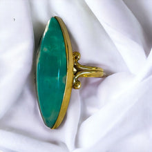 Load image into Gallery viewer, Chrysoprase Navette Ring - Antique Victorian 10K Yellow Gold Green Chalcedony Bezel Set - Size 6 Estate Gemstone Fine Jewelry
