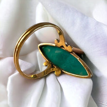 Load image into Gallery viewer, Chrysoprase Navette Ring - Antique Victorian 10K Yellow Gold Green Chalcedony Bezel Set - Size 6 Estate Gemstone Fine Jewelry
