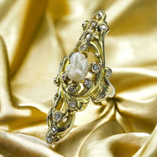Load image into Gallery viewer, Baroque Pearl Old Mine Diamond Ring - Antique Victorian Art Nouveau 14K Yellow Gold 1ct TW Diamonds - Size 6.5 - 9.9g Estate Fine Jewelry
