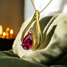 Load image into Gallery viewer, Vintage Ruby Teardrop Necklace - 10K Yellow Gold Natural Pear Cut 1CT Ruby Diamond Accent - 18 Inch - 1.6g July Birthstone Fine Jewelry
