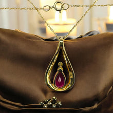 Load image into Gallery viewer, Vintage Ruby Teardrop Necklace - 10K Yellow Gold Natural Pear Cut 1CT Ruby Diamond Accent - 18 Inch - 1.6g July Birthstone Fine Jewelry
