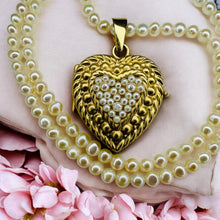 Load image into Gallery viewer, ANTIQUE- 14K Gold- Seed Pearl Heart Necklace - Locket Necklace -19" -Victorian Era- 12.8g -Pearl Necklace - Anniversary Gift for Wife
