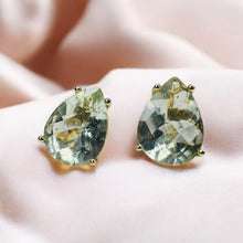 Load image into Gallery viewer, Prasiolite Green Amethyst Stud Earrings - Vintage 10K Yellow Gold Large Pear Cut Natural Gemstones - 10ct TW - 10x7mm - 1.2g Fine Jewelry
