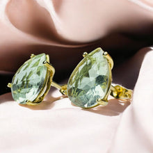 Load image into Gallery viewer, Prasiolite Green Amethyst Stud Earrings - Vintage 10K Yellow Gold Large Pear Cut Natural Gemstones - 10ct TW - 10x7mm - 1.2g Fine Jewelry
