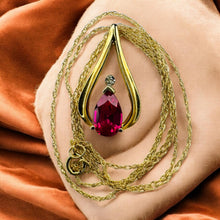 Load image into Gallery viewer, Vintage Ruby Teardrop Necklace - 10K Yellow Gold Natural Pear Cut 1CT Ruby Diamond Accent - 18 Inch - 1.6g July Birthstone Fine Jewelry
