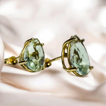 Load image into Gallery viewer, Prasiolite Green Amethyst Stud Earrings - Vintage 10K Yellow Gold Large Pear Cut Natural Gemstones - 10ct TW - 10x7mm - 1.2g Fine Jewelry
