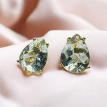 Load image into Gallery viewer, Prasiolite Green Amethyst Stud Earrings - Vintage 10K Yellow Gold Large Pear Cut Natural Gemstones - 10ct TW - 10x7mm - 1.2g Fine Jewelry
