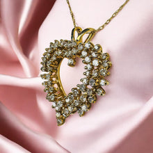 Load image into Gallery viewer, Vintage Diamond Cluster Heart Necklace - 10K Yellow Gold Natural Earth Mined Round Cut 1.20CTW 66 Diamonds - 18 Inch Chain - 4g Fine Jewelry
