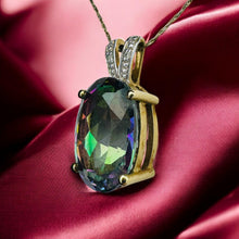 Load image into Gallery viewer, Vintage Large Mystic Topaz &amp; Diamond Necklace - 10K Yellow Gold Rainbow Fire Oval 7.5CT - 20 Inch Chain - 3.3g Estate Fine Jewelry
