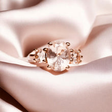 Load image into Gallery viewer, Morganite Three Stone Ring - 10K Rose Gold Natural Pink Oval &amp; Round Cut 1.5ct TW - Size 7 - Past Present Future Engagement Fine Jewelry
