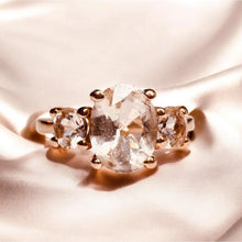 Load image into Gallery viewer, Morganite Three Stone Ring - 10K Rose Gold Natural Pink Oval &amp; Round Cut 1.5ct TW - Size 7 - Past Present Future Engagement Fine Jewelry
