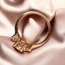 Load image into Gallery viewer, Morganite Three Stone Ring - 10K Rose Gold Natural Pink Oval &amp; Round Cut 1.5ct TW - Size 7 - Past Present Future Engagement Fine Jewelry
