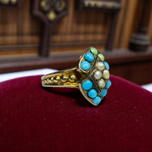 Load image into Gallery viewer, Antique Victorian Turquoise &amp; Seed Pearl Ring - 10K Yellow Gold Navette Ornate Setting Size 3.25 - 1.8g Circa 1890s Estate Fine Jewelry
