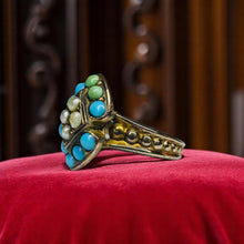 Load image into Gallery viewer, Antique Victorian Turquoise &amp; Seed Pearl Ring - 10K Yellow Gold Navette Ornate Setting Size 3.25 - 1.8g Circa 1890s Estate Fine Jewelry
