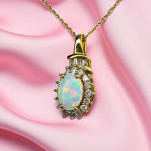 Load image into Gallery viewer, Opal Diamond Halo Necklace - Vintage 10K Yellow Gold Oval Opal Round &amp; Baguette Diamonds - 19" Chain - October Birthstone Fine Jewelry
