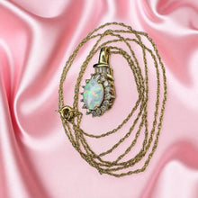 Load image into Gallery viewer, Opal Diamond Halo Necklace - Vintage 10K Yellow Gold Oval Opal Round &amp; Baguette Diamonds - 19" Chain - October Birthstone Fine Jewelry
