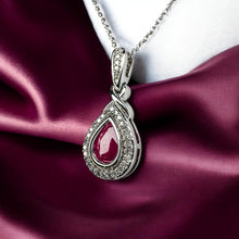 Load image into Gallery viewer, 10K Gold- Natural Burmese Ruby Halo Diamond Necklace -18"-1CT T.W. -White Gold -Pear Cut -2.6g July Birthstone - Anniversary Gift for Wife
