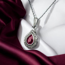 Load image into Gallery viewer, 10K Gold- Natural Burmese Ruby Halo Diamond Necklace -18"-1CT T.W. -White Gold -Pear Cut -2.6g July Birthstone - Anniversary Gift for Wife
