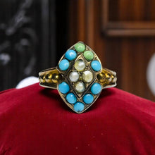 Load image into Gallery viewer, Antique Victorian Turquoise &amp; Seed Pearl Ring - 10K Yellow Gold Navette Ornate Setting Size 3.25 - 1.8g Circa 1890s Estate Fine Jewelry
