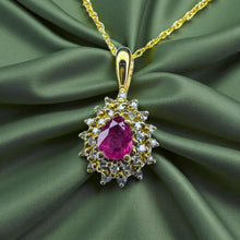 Load image into Gallery viewer, Burmese Ruby Diamond Halo Necklace - Vintage 14K Yellow Gold 2/3CT Pear Cut Earth Mined Ruby Teardrop Pendant - 20 Inch Chain Fine Jewelry
