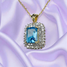 Load image into Gallery viewer, Blue Topaz &amp; Natural Diamond Necklace in 10K Yellow Gold -18" - Double Halo Diamond Necklace 3.1g December Birthstone Anniversary Gift Wife
