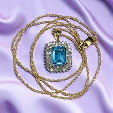Load image into Gallery viewer, Blue Topaz &amp; Natural Diamond Necklace in 10K Yellow Gold -18" - Double Halo Diamond Necklace 3.1g December Birthstone Anniversary Gift Wife
