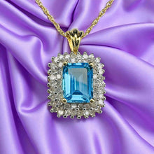 Load image into Gallery viewer, Blue Topaz Diamond Double Halo Necklace - 10K Yellow Gold Emerald Cut Swiss Blue Topaz - 18 Inch Chain December Birthstone Fine Jewelry
