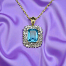 Load image into Gallery viewer, Blue Topaz Diamond Double Halo Necklace - 10K Yellow Gold Emerald Cut Swiss Blue Topaz - 18 Inch Chain December Birthstone Fine Jewelry
