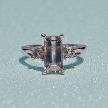 Load image into Gallery viewer, Peach Morganite Engagement Ring - 14K White Gold Natural Emerald Cut 1CTW Three Stone Size 7 - 2.5g Alternative Wedding Ring Fine Jewelry
