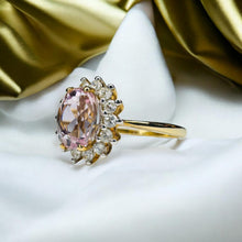 Load image into Gallery viewer, Rose De France Amethyst Halo Ring - 10K Yellow Gold Pink Amethyst 1.50CT Oval Cut Size 8.25 - 2.4g February Birthstone Fine Jewelry

