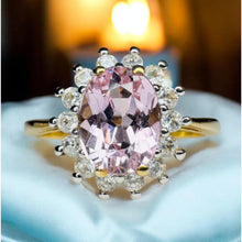 Load image into Gallery viewer, Rose De France Amethyst Halo Ring - 10K Yellow Gold Pink Amethyst 1.50CT Oval Cut Size 8.25 - 2.4g February Birthstone Fine Jewelry
