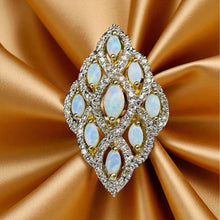 Load image into Gallery viewer, Australian Opal &amp; Diamond Cocktail Ring - 10K Yellow Gold Cluster Navette Natural White Opal Size 7 - 4.2g October Birthstone Fine Jewelry
