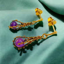 Load image into Gallery viewer, Antique Brutalist Amethyst Dangle Earrings - 14K Yellow Gold 6CTW Spherical Estate - Franz Breuning Designer Circa 1920 - 4.3g Fine Jewelry
