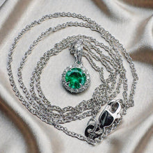 Load image into Gallery viewer, Colombian Emerald &amp; Diamond Halo Necklace - 18K White Gold Round Cut Estate Pendant - 18 Inch - 2.6g May Birthstone Fine Jewelry
