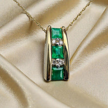 Load image into Gallery viewer, Colombian Emerald Diamond Necklace - Vintage 10K Yellow Gold Princess Square Cut 3/4cttw Tension Bar - 18 Inch May Birthstone Fine Jewelry
