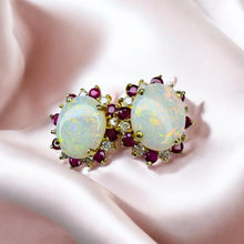 Load image into Gallery viewer, Opal Ruby Diamond Earrings - Vintage Circa 1960's 14K Yellow Gold Cabochon Halo Stud - 14.5mm 4cttw October July Birthstone Fine Jewelry
