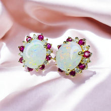 Load image into Gallery viewer, Opal Ruby Diamond Earrings - Vintage Circa 1960's 14K Yellow Gold Cabochon Halo Stud - 14.5mm 4cttw October July Birthstone Fine Jewelry
