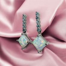 Load image into Gallery viewer, Opal Topaz Dangle Earrings - Estate 10K White Gold Cabochon Drop - 25mm Rainbow October Birthstone Fairytale Fine Jewelry
