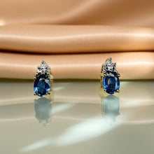 Load image into Gallery viewer, Ceylon Sapphire Diamond Earrings - 10K Yellow Gold Oval Cut Cornflower Blue Sapphires 1/2ct - September Birthstone Dainty Stud Fine Jewelry
