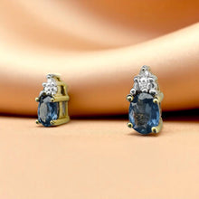 Load image into Gallery viewer, Ceylon Sapphire Diamond Earrings - 10K Yellow Gold Oval Cut Cornflower Blue Sapphires 1/2ct - September Birthstone Dainty Stud Fine Jewelry
