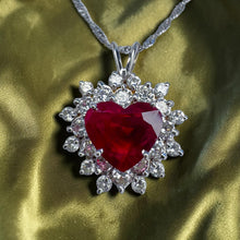 Load image into Gallery viewer, Ruby Diamond Necklace - Vintage 14K White Gold Heart Cut 3ct Pigeon Blood Ruby Double Halo - 18 Inch 4.5cttw July Birthstone Fine Jewelry

