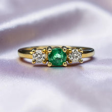 Load image into Gallery viewer, Emerald Diamond Ring - Estate 10K Yellow Gold Three Stone Colombian - Size 8 - 1/4ct Past Present Future Trilogy May Birthstone Fine Jewelry
