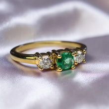 Load image into Gallery viewer, Emerald Diamond Ring - Estate 10K Yellow Gold Three Stone Colombian - Size 8 - 1/4ct Past Present Future Trilogy May Birthstone Fine Jewelry
